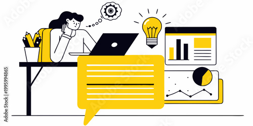 A woman working on a laptop brainstorming ideas with a glowing lightbulb above her head