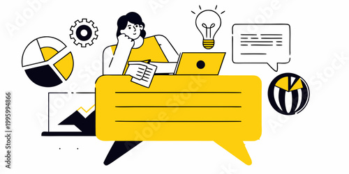 A woman contemplates ideas at a desk with a laptop charts and a lightbulb