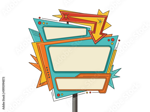 A colorful illustration of blank signboards with various shapes and designs on a pole
