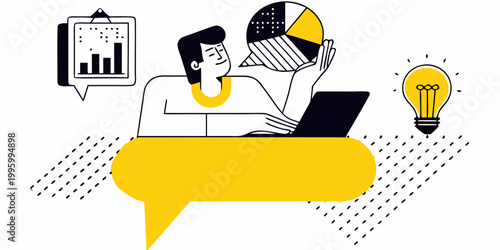 A person analyzes data on a laptop generating ideas and insights with a lightbulb