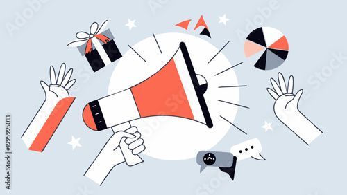 A vibrant illustration depicts celebration announcements and communication with gifts and a megaphone