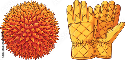 Abstract spiky orange sphere and protective work gloves illustration set, texture design and safety equipment vector collection