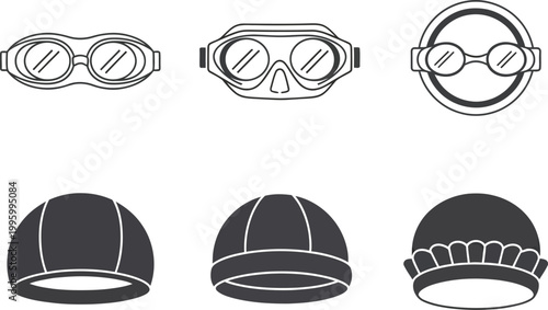 Swimming Gear Icon Set, Flat Vector Goggles and Swim Cap Symbols