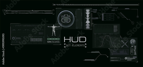 High-tech HUD elements for user interface design. Sci-fi digital display includes charts, graphs, body scan, world map on dark green background. Futuristic concept for technology or gaming