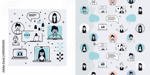 Stylized illustration depicts people connecting through video calls and digital communication
