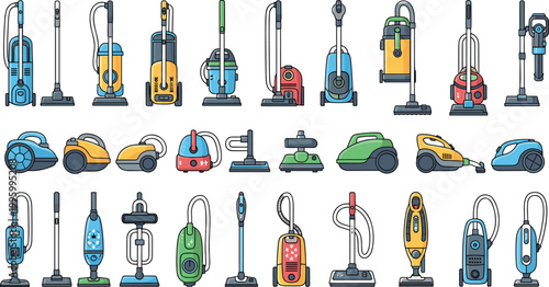 Vacuum cleaner collection vector set featuring upright canister handheld robotic and industrial cleaning equipment flat icon illustration
