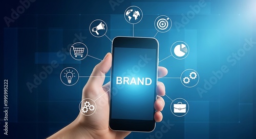 Hand holding a smartphone with the word 
