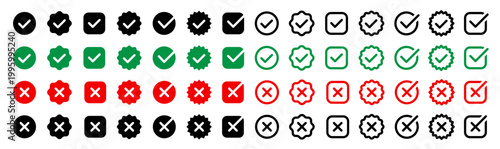 Tick, cross icons on round, square and star shapes button set. Yes or no symbol, approved or rejected icon for user interface