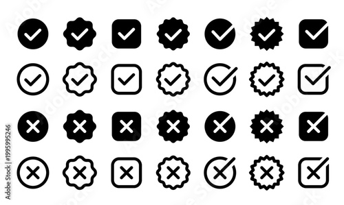 Check Mark Icons in Circle – Editable Stroke Tick Symbol Set. Black and White Vector collection