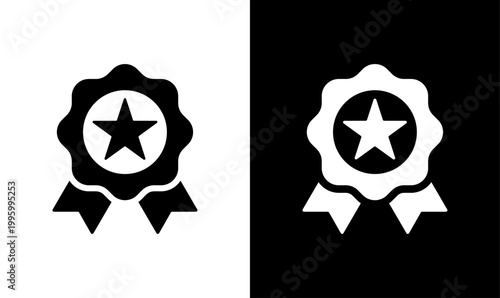 Approval icon. Check medal sign. Certification badge. Black outline and filled version