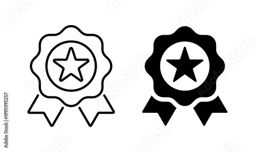 approval icon. Check medal sign. Certification badge. Black outline and filled version
