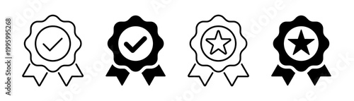 Approved or certified badge icon. Certified medal. Black and White vector approval check symbol collection