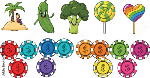 Cartoon vegetables, candies and casino chips illustration set, food, sweets and gaming themed colorful vector collection design