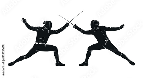 Cuadro en lienzo Fencing duel silhouette, two athletes competing in sport with swords, action pos