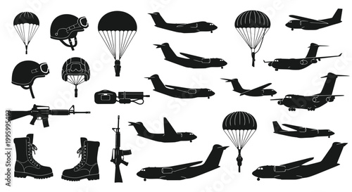 Military Aviation and Paratrooper Gear Vector Icons Silhouette Set