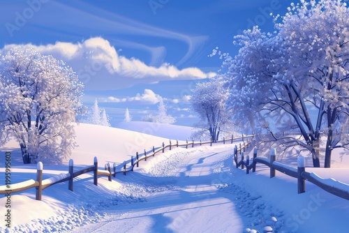 Snowy landscape with trees and a fence in Pixar style, high resolution, highly detailed, and high-quality imagery capturing the winter charm.