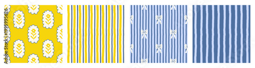 Set of vintage seamless patterns with cute flowers in frames, bows and vertical stripes. Cute botanical design. Blue, yellow and beige colors. Vector illustration