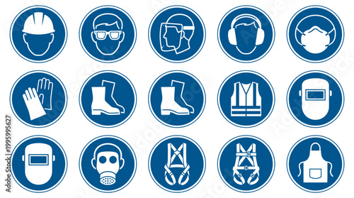 Vector Icons Set of mandatory safety equipment signs for industrial and construction work environments. Vector Illustrations. EPS Editable