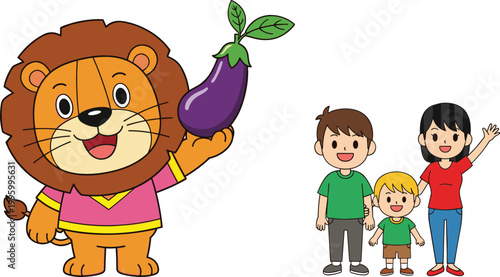Cartoon lion holding eggplant and happy family illustration set, healthy food and parenting themed vector collection for kids design
