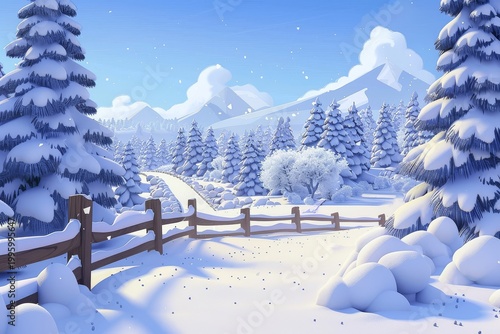 Snowy landscape with trees and a fence in Pixar style, high resolution, highly detailed, and high-quality imagery capturing the winter charm.