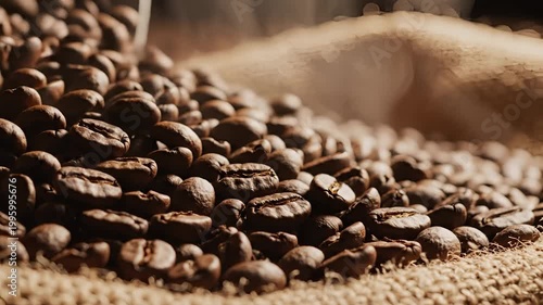 Closeup of Roasted Coffee Beans Piled on Burlap Sack.