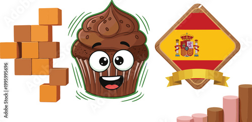 Cartoon chocolate cupcake character, sugar cubes, Spain flag badge and bar chart illustration set, food, culture and business themed vector collection