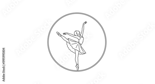 Elegant line art illustration of a ballerina performing a graceful dance pose within a circular frame on a white background.