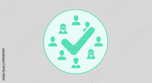 A green checkmark icon surrounded by diverse people silhouettes within a circle, representing selection, approval, or successful team collaboration.