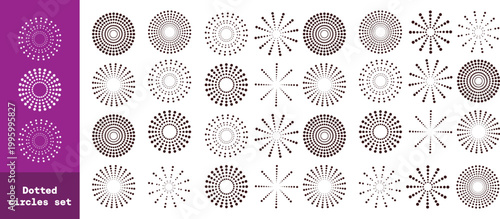 Circle dotted speed lines. Abstract round halftone circle frames, rotating dotted circle shapes. Big collection of round Logos.