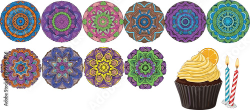 Colorful mandala patterns set with cupcake and birthday candles illustration, decorative ornaments and celebration elements vector collection design