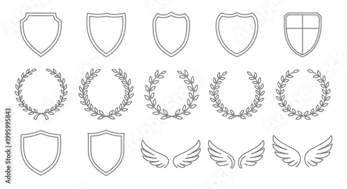 Vector outline collection of various shield shapes, laurel wreaths, and angel wings, ideal for heraldry, emblems, and award designs.