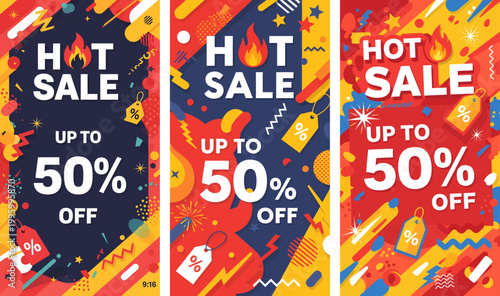 A hot sale advertisement with up to 50% off is displayed prominently on a colorful background with bold graphics and enticing discounts.