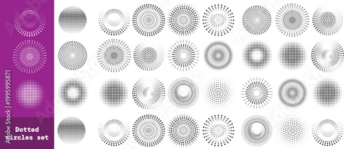 Circle dotted speed lines. Abstract round halftone circle frames, rotating dotted circle shapes. Big collection of round Logos.