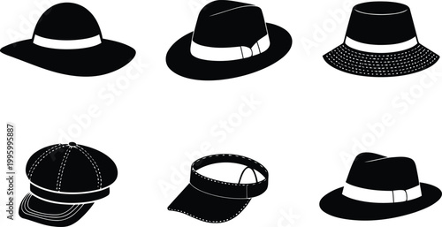 Collection of six hats in black silhouette vector illustration.