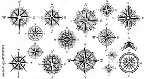 A diverse collection of intricately designed black and white compass roses, showcasing various styles and decorative elements for navigation and direction.