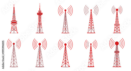 Set of Red Communication Towers and Signal Icons with Wireless Connection, isolated white background
