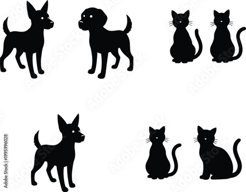 Black silhouettes of cats and dogs set, domestic pet animal shapes in different poses for design, icons and vector illustration collection