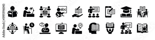 Study icon vector set. Contains e-learning, reading, education, writing, teaching, college, thinking, class, desk, idea, graduation cap, group, intelligent, deadline, searching - illustration