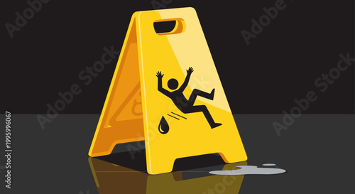 Yellow wet floor warning sign with a slipping person icon and a puddle on a dark reflective surface.