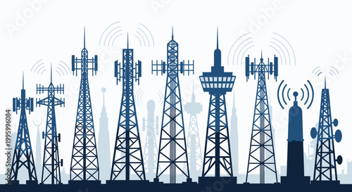 A silhouette illustration of multiple communication towers and radio masts emitting signals, representing telecommunications infrastructure and connectivity.