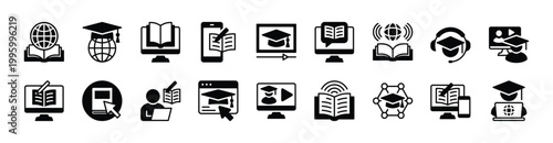 E-learning icon vector set. Contains education, learning, globe, study, reading, writing, teaching, class, online video, courses, web, listening, graduation cap, book, network, internet - illustration