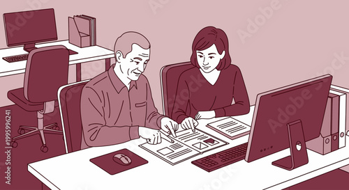 Business people reviewing documents together in office workspace