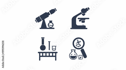Four dark blue icons representing scientific tools used in laboratories and research settings