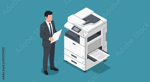 An isometric illustration depicts a businessman using a modern multifunction printer in an office setting