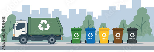 Garbage Truck Recycling Illustration – Waste Collection and Eco Concept