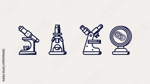 A scientific illustration of different microscope styles and a cell sample, all in a line