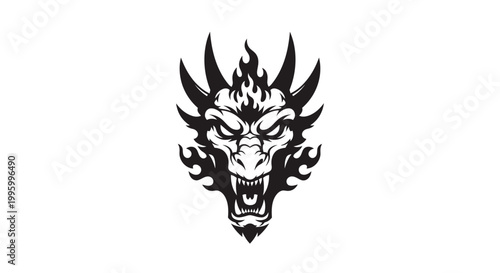 Demon face with horns and flames.
