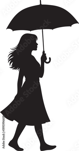 Silhouette of a woman holding an umbrella and walking with white background