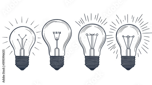 Four stylized lightbulbs in various states of illumination, rendered in a simple, dark line style