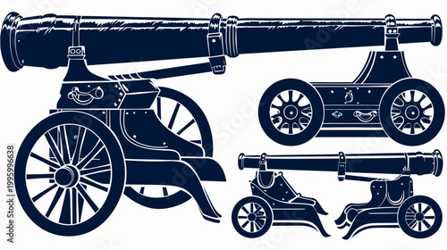 Graphic rendering with three cannon models, showcasing wheeled bases and barrels. Dark blue on white background